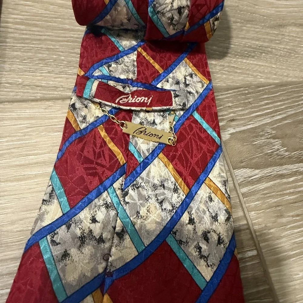 LOT OF 3 Brioni Italy Men's Silk Ties Blue Gold Floral Batik & Geometric Red_7